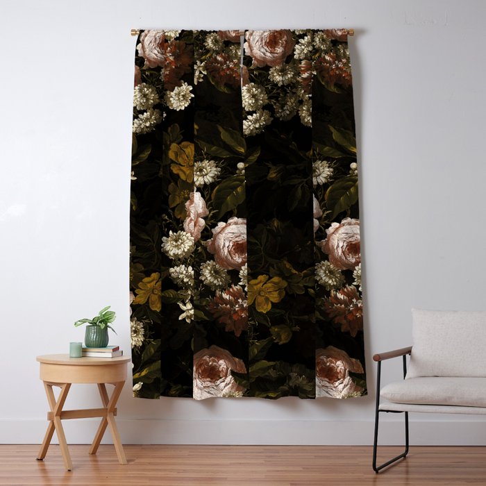 Antique Botanical Roses And Chamomile Midnight Sepia Garden Window Curtain Gallery Image 1