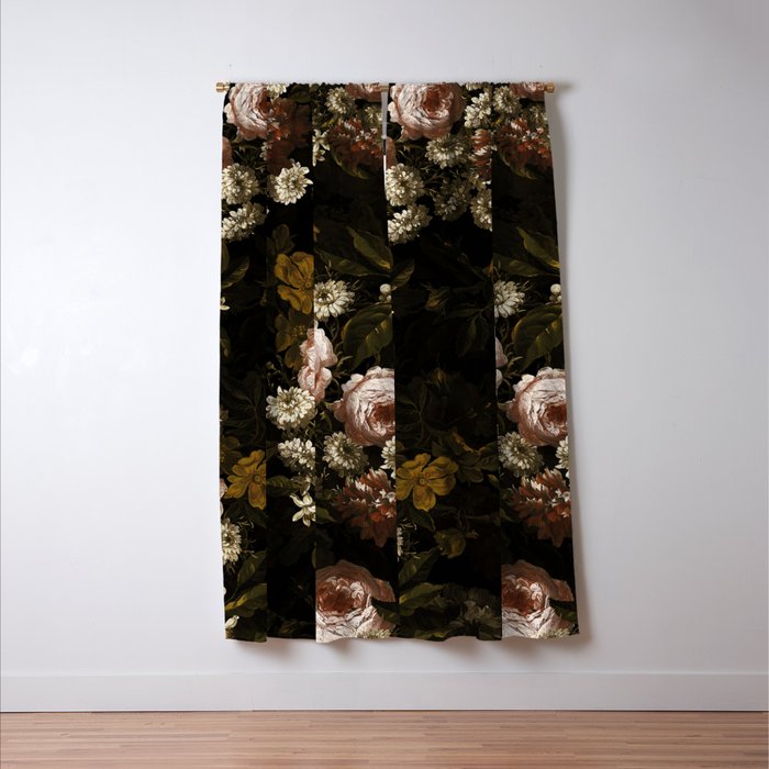 Antique Botanical Roses And Chamomile Midnight Sepia Garden Window Curtain Gallery Image 3
