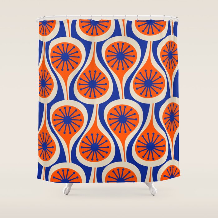 Mid Century Modern Atomic Drops Retro Pattern in Orange and Bright Blue Shower Curtain Gallery Image 1