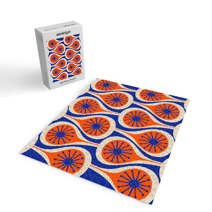 Mid Century Modern Atomic Drops Retro Pattern in Orange and Bright Blue Jigsaw Puzzle Gallery Image 2