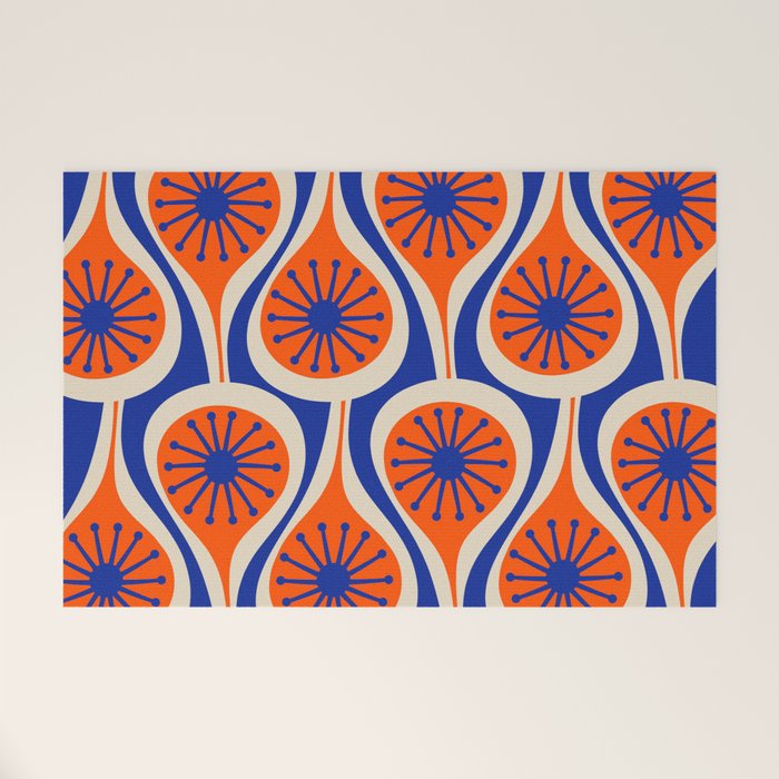 Mid Century Modern Atomic Drops Retro Pattern in Orange and Bright Blue Welcome Mat Gallery Image 1