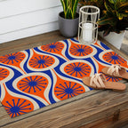 Mid Century Modern Atomic Drops Retro Pattern in Orange and Bright Blue Outdoor Rug Gallery Image 2