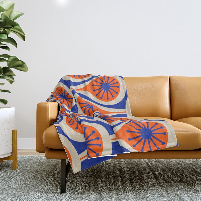 Mid Century Modern Atomic Drops Retro Pattern in Orange and Bright Blue Throw Blanket Gallery Image 1