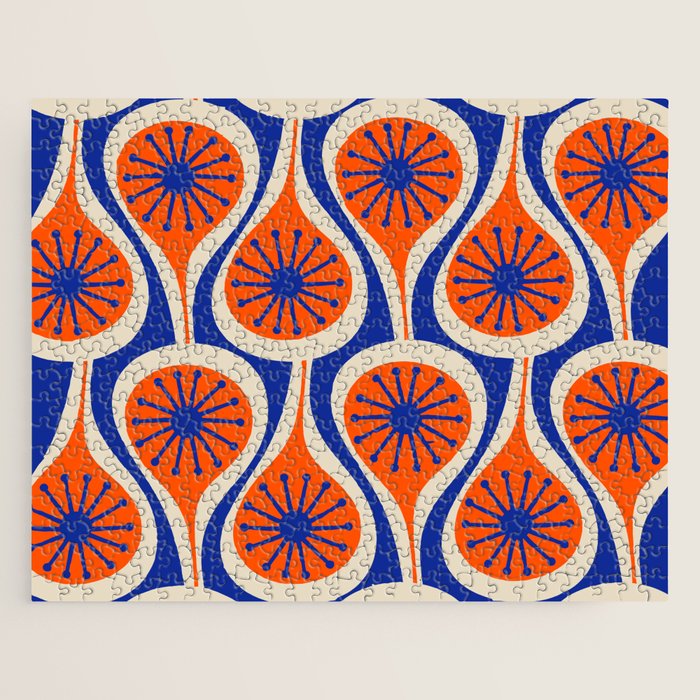 Mid Century Modern Atomic Drops Retro Pattern in Orange and Bright Blue Jigsaw Puzzle Gallery Image 1