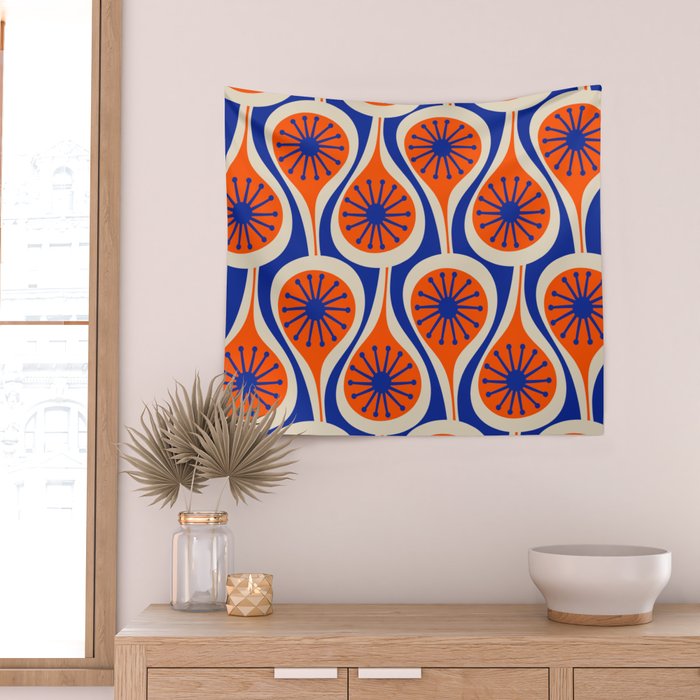 Mid Century Modern Atomic Drops Retro Pattern in Orange and Bright Blue Wall Tapestry Gallery Image 2