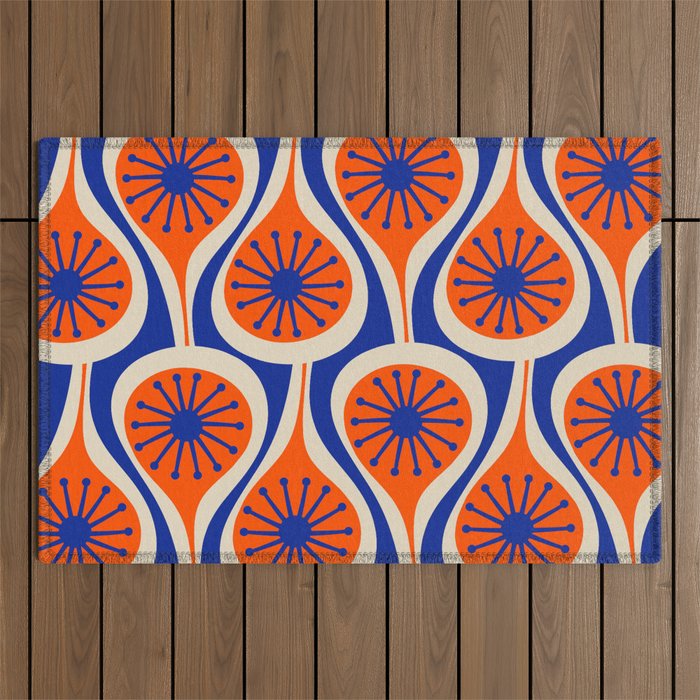 Mid Century Modern Atomic Drops Retro Pattern in Orange and Bright Blue Outdoor Rug Gallery Image 1