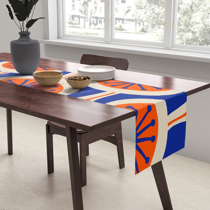 Mid Century Modern Atomic Drops Retro Pattern in Orange and Bright Blue Table Runner Gallery Image 2