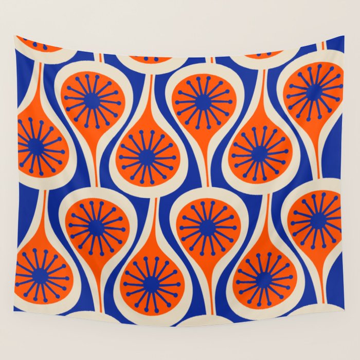Mid Century Modern Atomic Drops Retro Pattern in Orange and Bright Blue Wall Tapestry Gallery Image 1