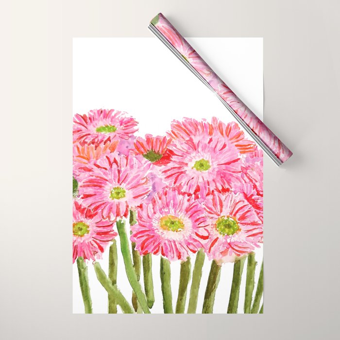Pink Gerbera Daisy watercolor Wrapping Paper Gallery Image 1