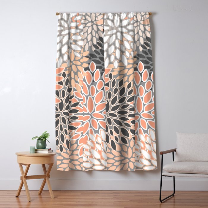 Modern, Flowers Print, Coral, Peach and Gray Window Curtain Gallery Image 1