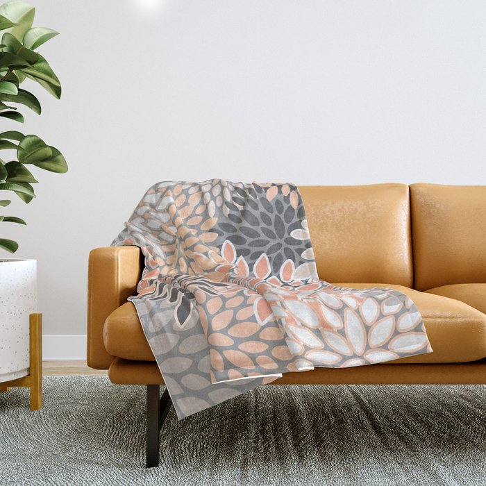 Modern, Flowers Print, Coral, Peach and Gray Throw Blanket Gallery Image 1