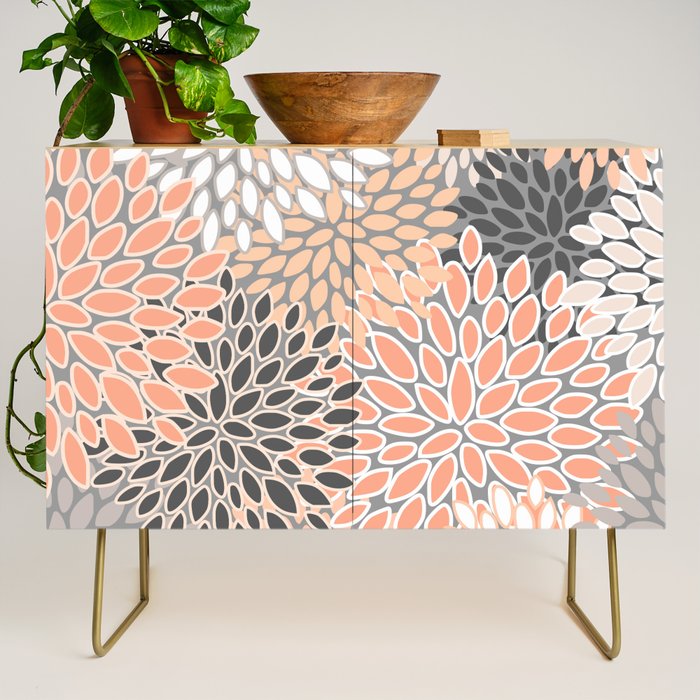 Modern, Flowers Print, Coral, Peach and Gray Credenza Gallery Image 1