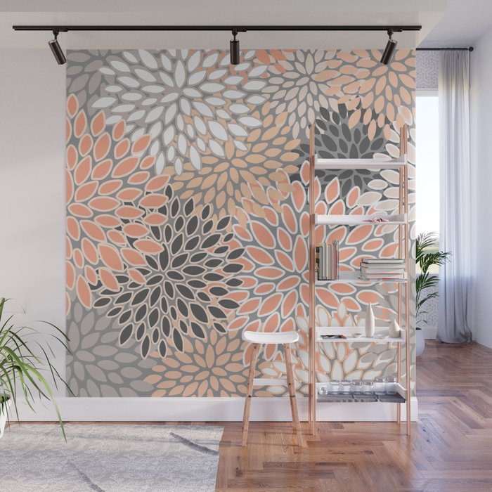 Modern, Flowers Print, Coral, Peach and Gray Wall Mural Gallery Image 1