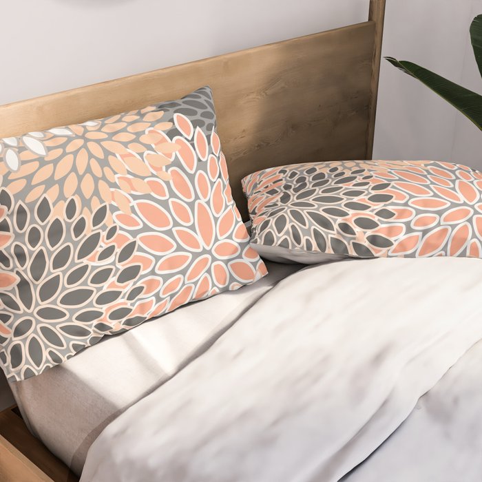 Modern, Flowers Print, Coral, Peach and Gray Pillow Sham Gallery Image 2
