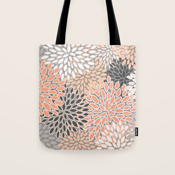 Modern, Flowers Print, Coral, Peach and Gray Tote Bag Gallery Image 1