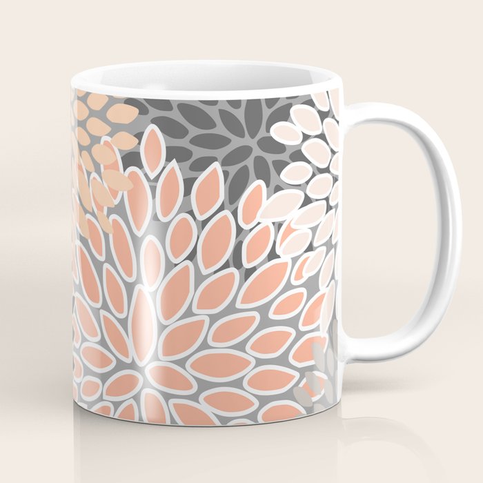 Modern, Flowers Print, Coral, Peach and Gray Coffee Mug Gallery Image 1