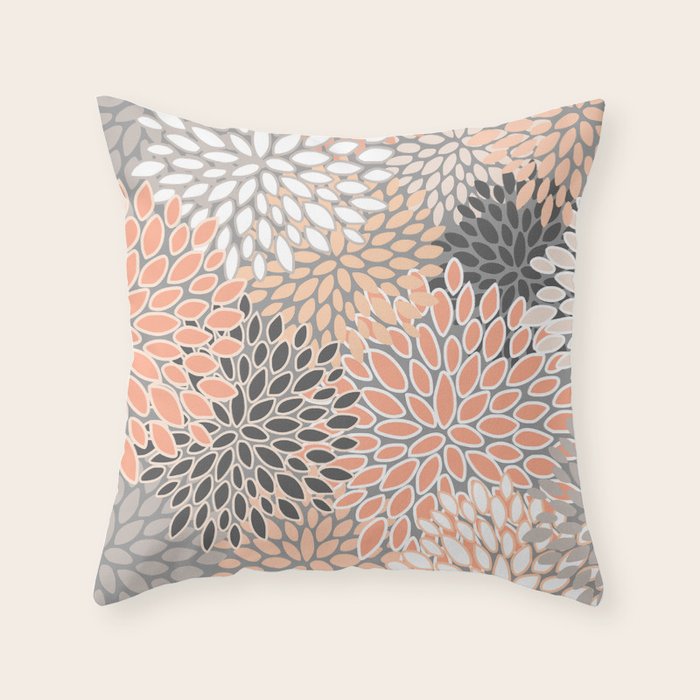 Modern, Flowers Print, Coral, Peach and Gray Throw Pillow Gallery Image 6