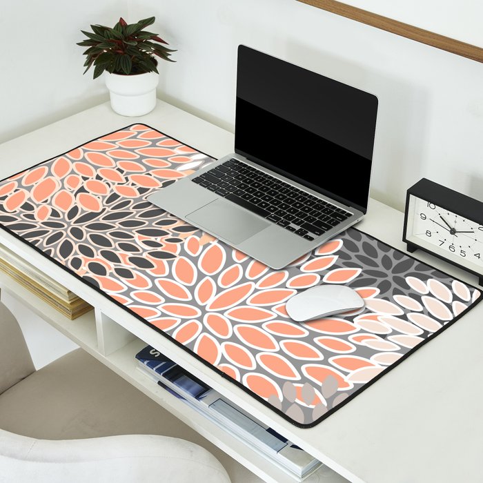 Modern, Flowers Print, Coral, Peach and Gray Desk Mat Gallery Image 2
