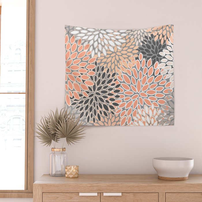Modern, Flowers Print, Coral, Peach and Gray Wall Tapestry Gallery Image 2