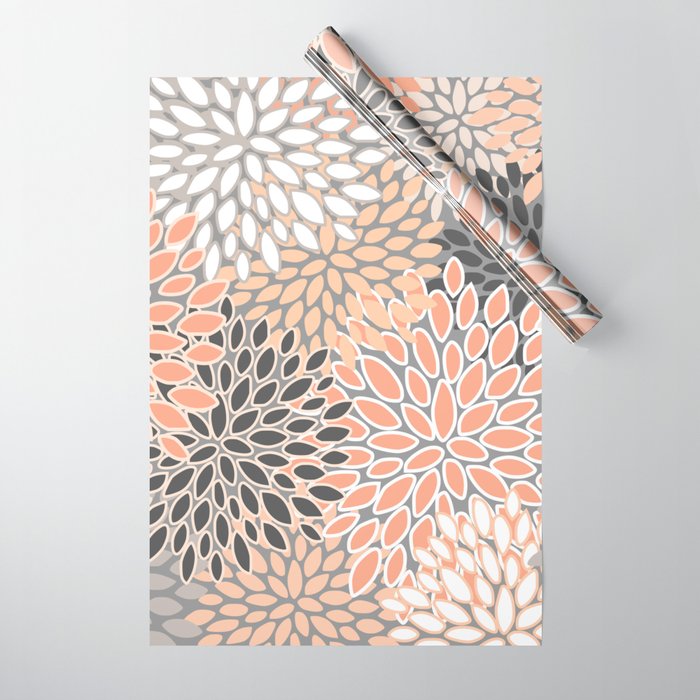 Modern, Flowers Print, Coral, Peach and Gray Wrapping Paper Gallery Image 1