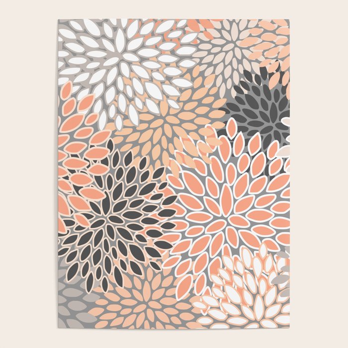 Modern, Flowers Print, Coral, Peach and Gray Poster Gallery Image 1