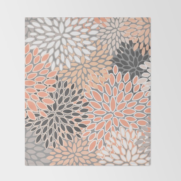 Modern, Flowers Print, Coral, Peach and Gray Throw Blanket Gallery Image 2