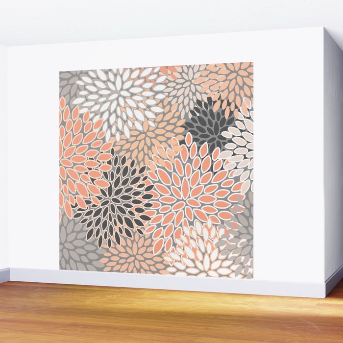 Modern, Flowers Print, Coral, Peach and Gray Wall Mural Gallery Image 2