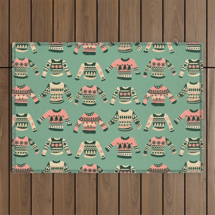 Christmas Sweaters - Vintage Blush Mint Palette Outdoor Rug Gallery Image 1