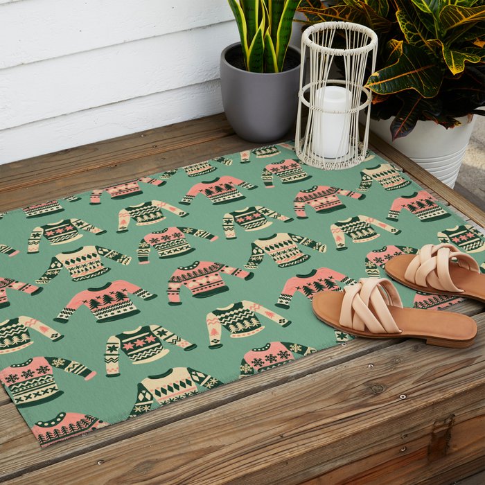 Christmas Sweaters - Vintage Blush Mint Palette Outdoor Rug Gallery Image 2