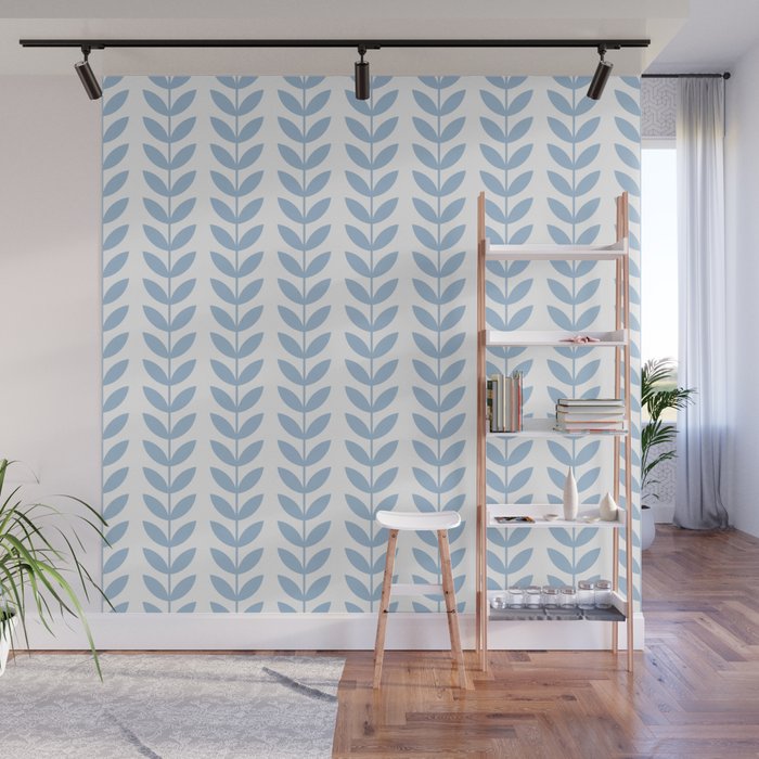 Pale Blue Scandinavian leaves pattern Wall Mural Gallery Image 1