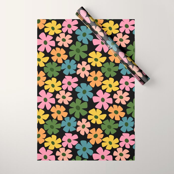 Retro Flower - Big Daisy Black background Wrapping Paper Gallery Image 1