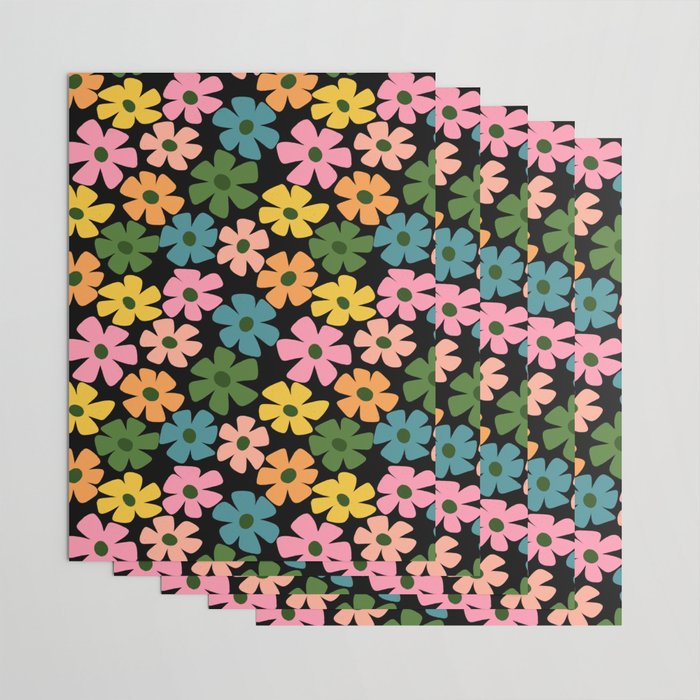 Retro Flower - Big Daisy Black background Wrapping Paper Gallery Image 3