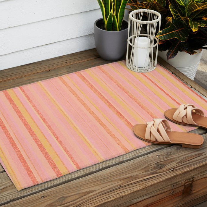 Textured Summer Stripes Pink Orange Yellow Outdoor Rug Gallery Image 2