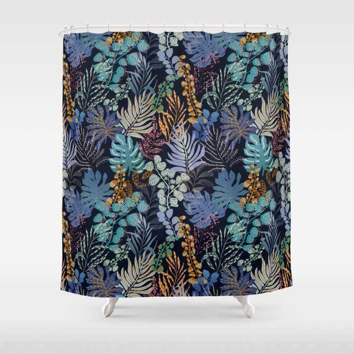 tropical blue night leaves Shower Curtain Gallery Image 1
