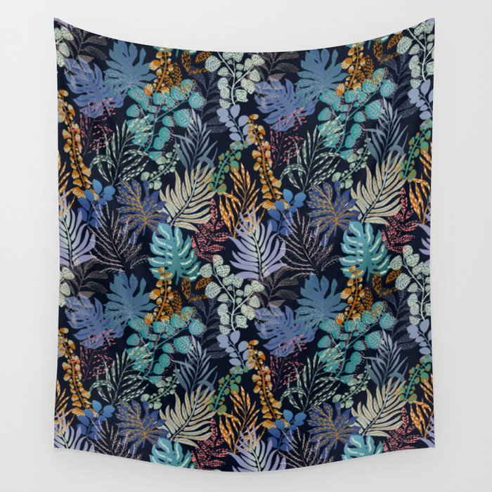 tropical blue night leaves Wall Tapestry Gallery Image 1