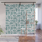 Mid Century Modern Piquet Multi Geometric Pattern Vintage Blue Spruce and White Wall Mural Gallery Image 1