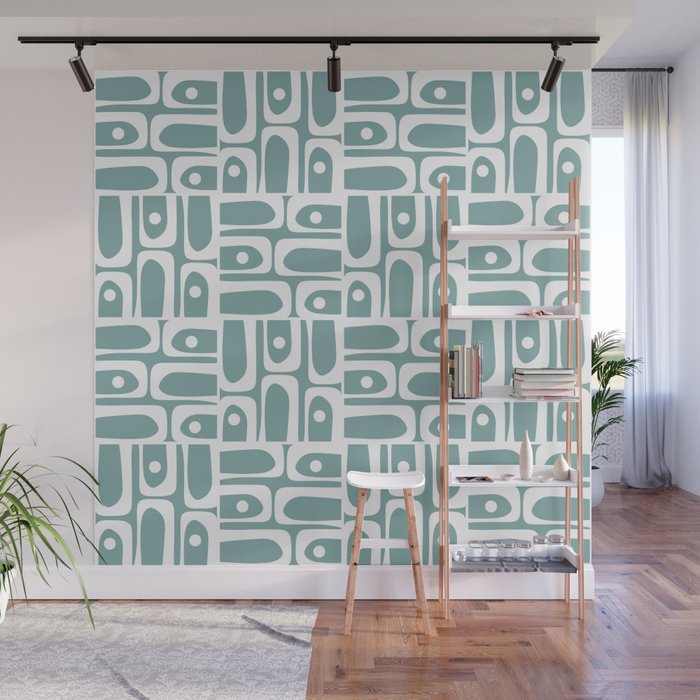 Mid Century Modern Piquet Multi Geometric Pattern Vintage Blue Spruce and White Wall Mural Gallery Image 1