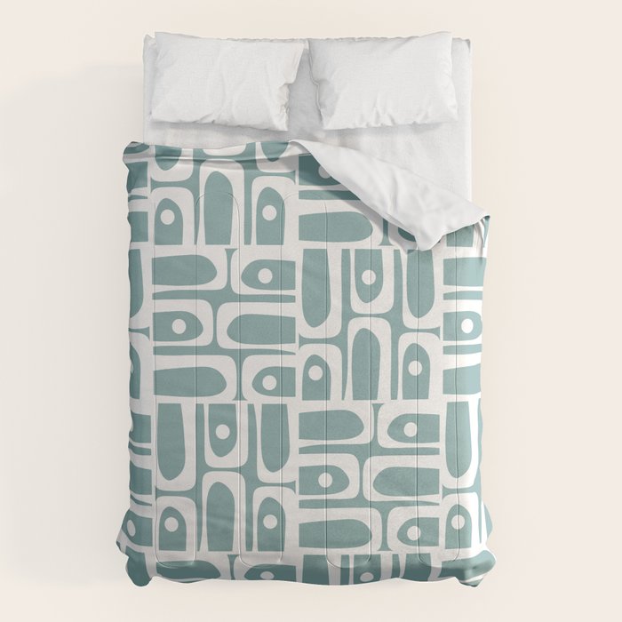 Mid Century Modern Piquet Multi Geometric Pattern Vintage Blue Spruce and White Comforter Gallery Image 6