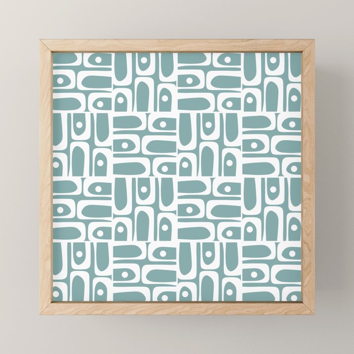 Mid Century Modern Piquet Multi Geometric Pattern Vintage Blue Spruce and White Mini Art Print Gallery Image 1