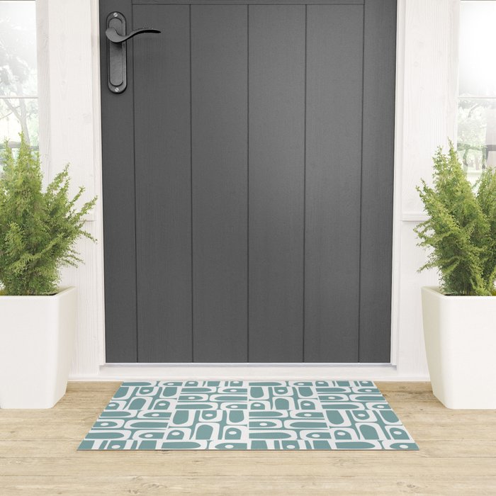 Mid Century Modern Piquet Multi Geometric Pattern Vintage Blue Spruce and White Welcome Mat Gallery Image 3