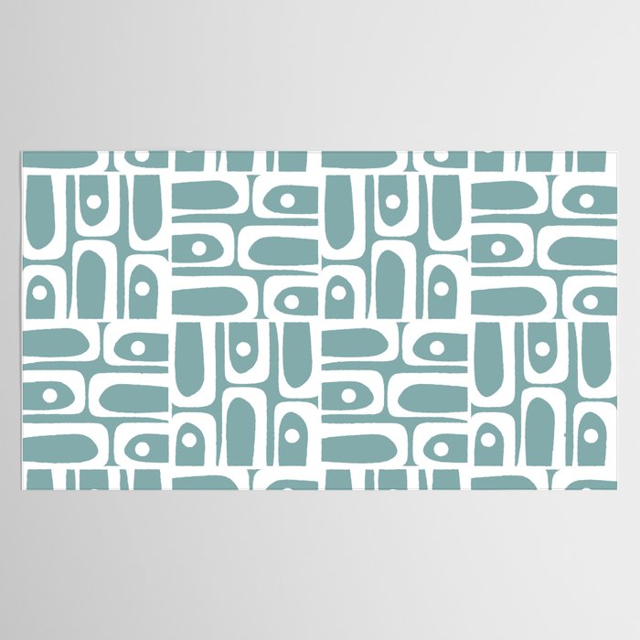 Mid Century Modern Piquet Multi Geometric Pattern Vintage Blue Spruce and White Tablecloth Gallery Image 2