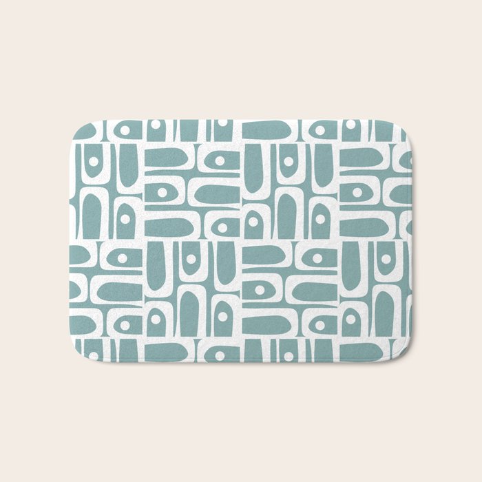 Mid Century Modern Piquet Multi Geometric Pattern Vintage Blue Spruce and White Bath Mat Gallery Image 1