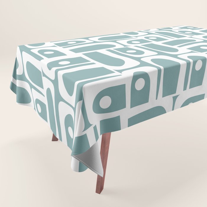 Mid Century Modern Piquet Multi Geometric Pattern Vintage Blue Spruce and White Tablecloth
