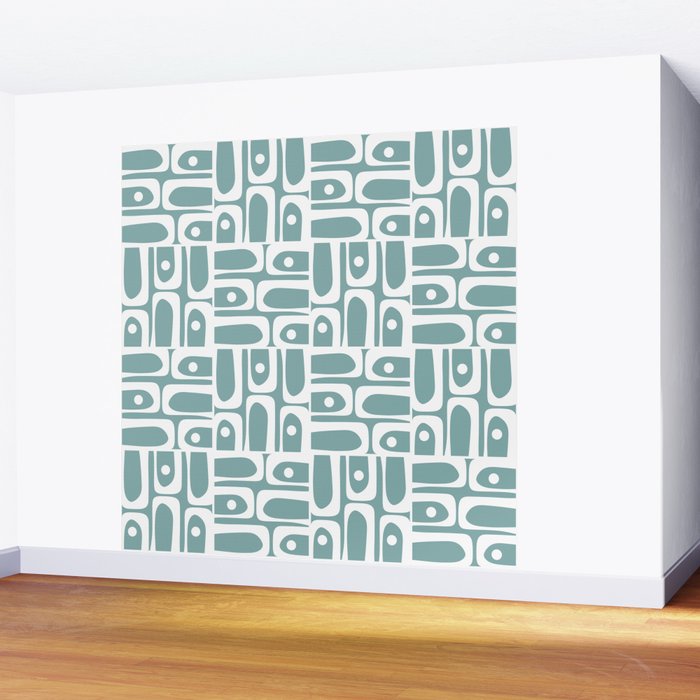Mid Century Modern Piquet Multi Geometric Pattern Vintage Blue Spruce and White Wall Mural Gallery Image 2