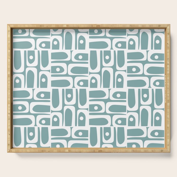 Mid Century Modern Piquet Multi Geometric Pattern Vintage Blue Spruce and White Serving Tray Gallery Image 1