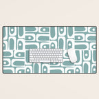Mid Century Modern Piquet Multi Geometric Pattern Vintage Blue Spruce and White Desk Mat Gallery Image 1
