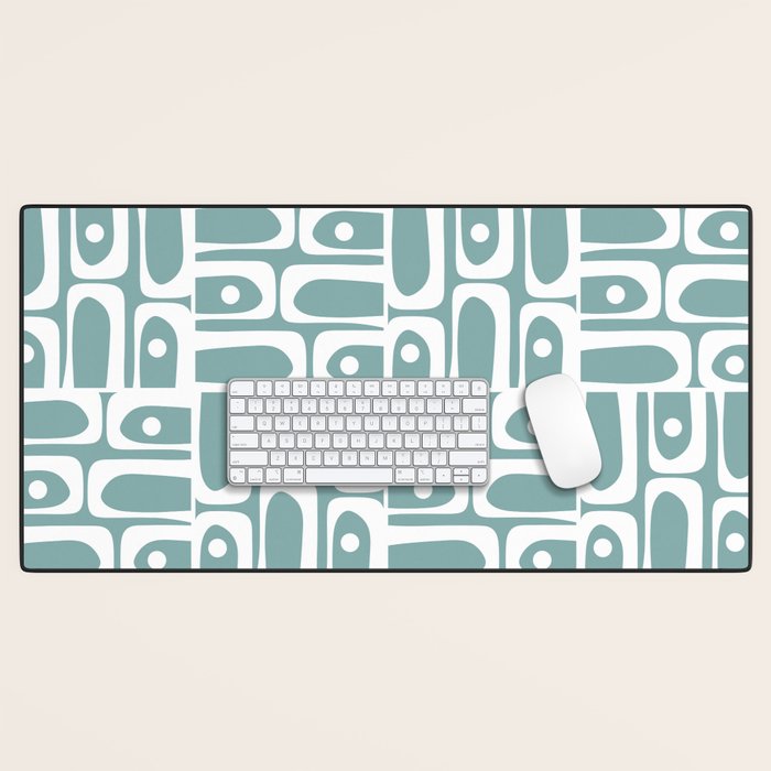 Mid Century Modern Piquet Multi Geometric Pattern Vintage Blue Spruce and White Desk Mat Gallery Image 1