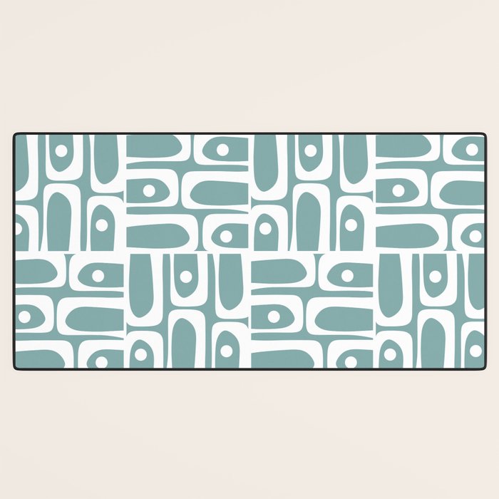 Mid Century Modern Piquet Multi Geometric Pattern Vintage Blue Spruce and White Desk Mat Gallery Image 3