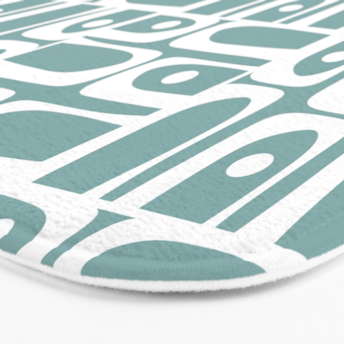 Mid Century Modern Piquet Multi Geometric Pattern Vintage Blue Spruce and White Bath Mat Gallery Image 3