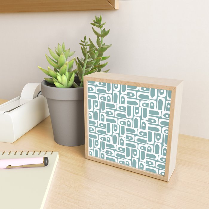 Mid Century Modern Piquet Multi Geometric Pattern Vintage Blue Spruce and White Mini Art Print Gallery Image 2